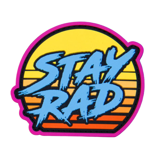 Stay Rad Sunset Morale PVC Patch Blue 80s patch by Mislspec Monkey sold by Notchgear, 3" x 2.62" with hook fastener material sewn on the back.