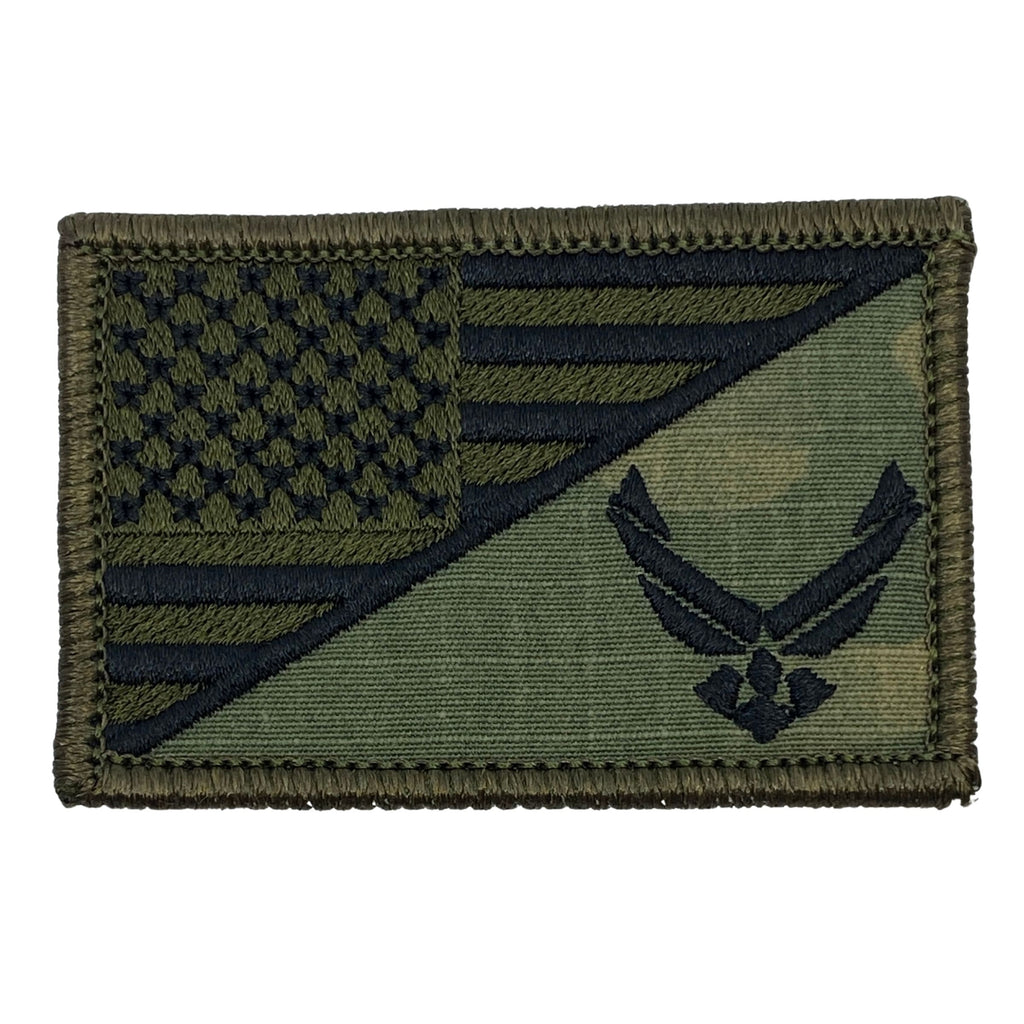 U.S Air Force Emblem USA Flag Patch - MultiCam Camo Embroidered patch, Hook fastener backing, Made in the USA, 2" x 3", great for hats, bags and jackets and tactical gear with loop fastener panels.
