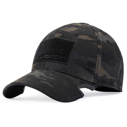 Notch Flexfit Fitted MultiCam Black Camo Baseball Cap with front 2 inch by 3 inch loop field for morale patch of your choice, our patented black notch cut outs in the bill makes wearing sunglasses and Eyepro more comfortable