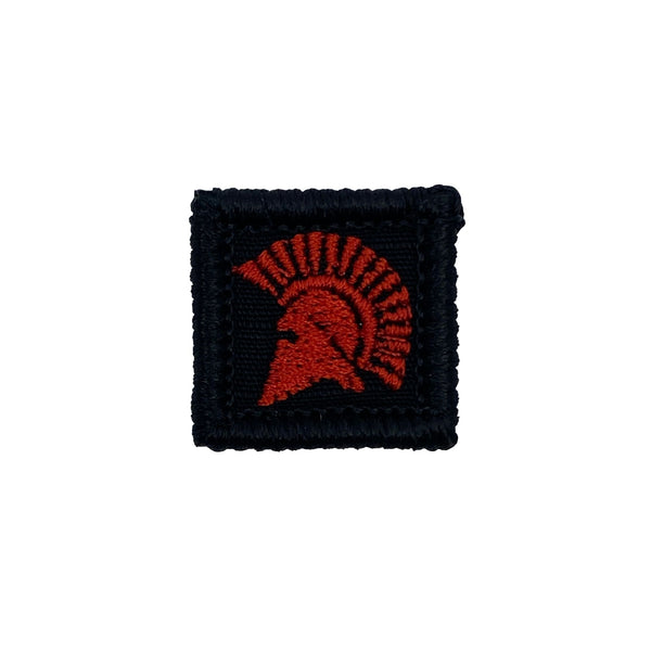 Spartan Head 1 Inch Patch - Black with red stitching, Embroidered patch. Hook fastener material sewn on the back, Size: 1" x 1", Made in the USA