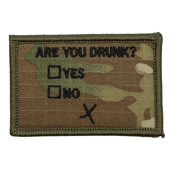 Multicam patch with text 'Are you drunk?' in black and checkboxes on a multicam background