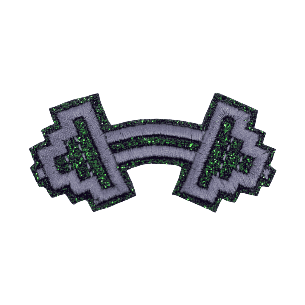 Barbell Glitter Embroidered Patch - Purple-Teal, Die-cut embroidered patch with
hook fastener backing. Teal green glitter with purple embroidery.
Great for our Notch caps, bags and jackets with loop fastener panels.
Size: Approx 1.5" tall by 3" wide