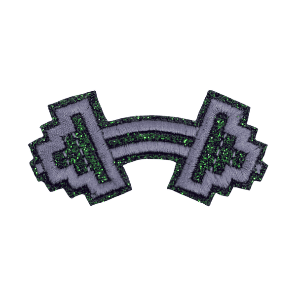 Barbell Glitter Embroidered Patch - Purple-Teal, Die-cut embroidered patch with
hook fastener backing. Teal green glitter with purple embroidery.
Great for our Notch caps, bags and jackets with loop fastener panels.
Size: Approx 1.5" tall by 3" wide