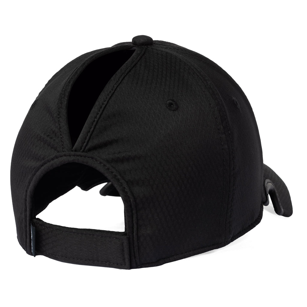 Back view of Notch Athlete black ponytail cap showing ponytail opening and adjustable strap