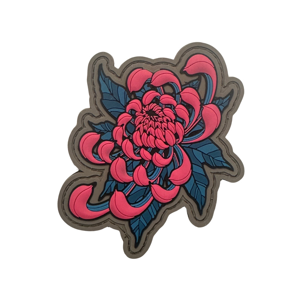 Chrysanthemum Flower Tattoo PVC Patch - Color: Magenta Pink, Hook fastener material sewn on back, SIze: 3.1" x 3.9"