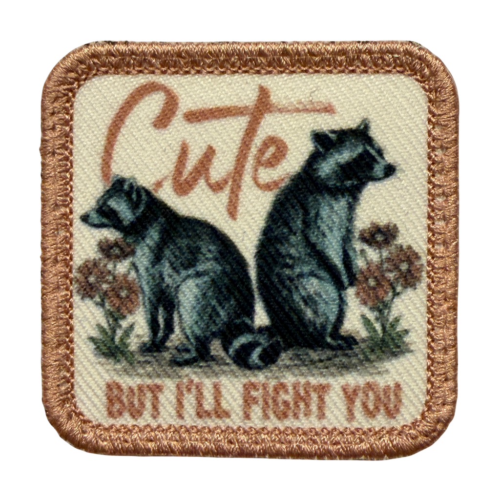 Cute, But Will Fight You Patch - Dusty Rose, Light pink raccoon embroidered patch for gym bags, baseball caps and jacket with
Hook fastener backing,
Made in the USA,
Size: 2.5" x 2.5"