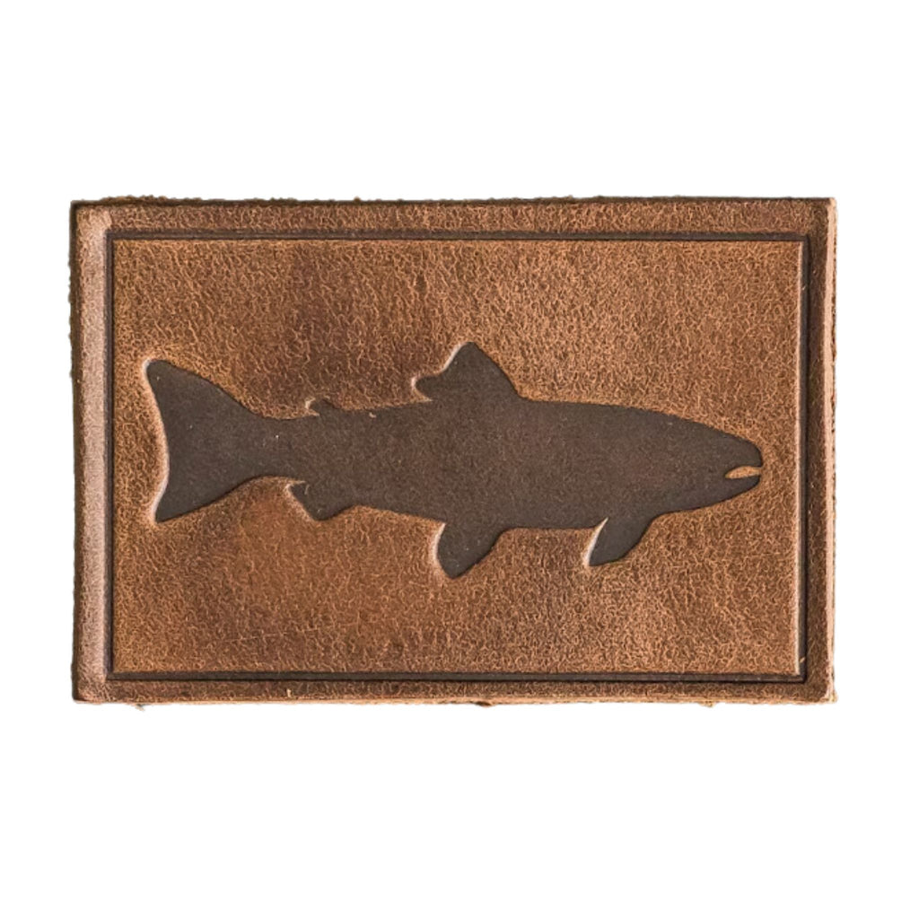 Fish Stamp Patch - Cafe Leather, Handmade with High-Quality Full-Grain Leather with Velcro® brand backing, this leather patch is 2" x 3" sized perfectly for our Notch tactical/ operator hats, backpacks, jacket and more. Made in the USA