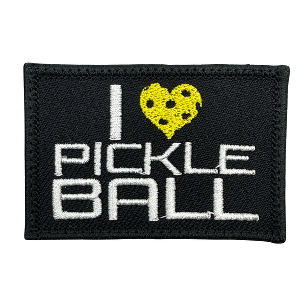  I Love Pickleball 2x3 Patch | Color: Black-White, Embroidered pickleball Patch with 
Hook fastener backing,
Made in the USA,
2" x 3" sized for our tactical/operator caps 