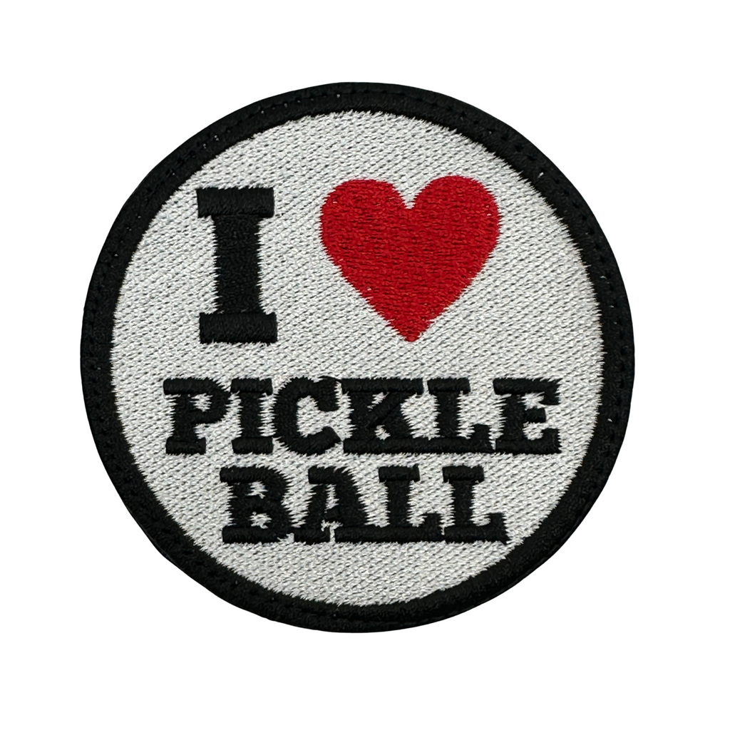 I Love Pickleball Round Patch - Black-White
Embroidered Patch, pickleball patch with
Hook fastener backing,
Made in the USA,
Size 3" round patch