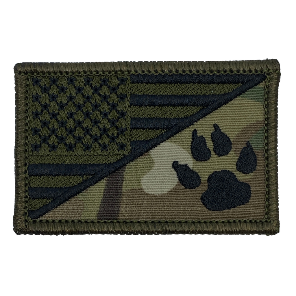 K9 Tracker Paw / US Flag Patch - MultiCam Camo, Embroidered patch American Flag/K-9 Tracker Paw, USA Tactical Patches, Hook fastener backing, Made in the USA, 2" x 3" perfect our tactical operator caps for your jackets, carrier plate and tactical bags