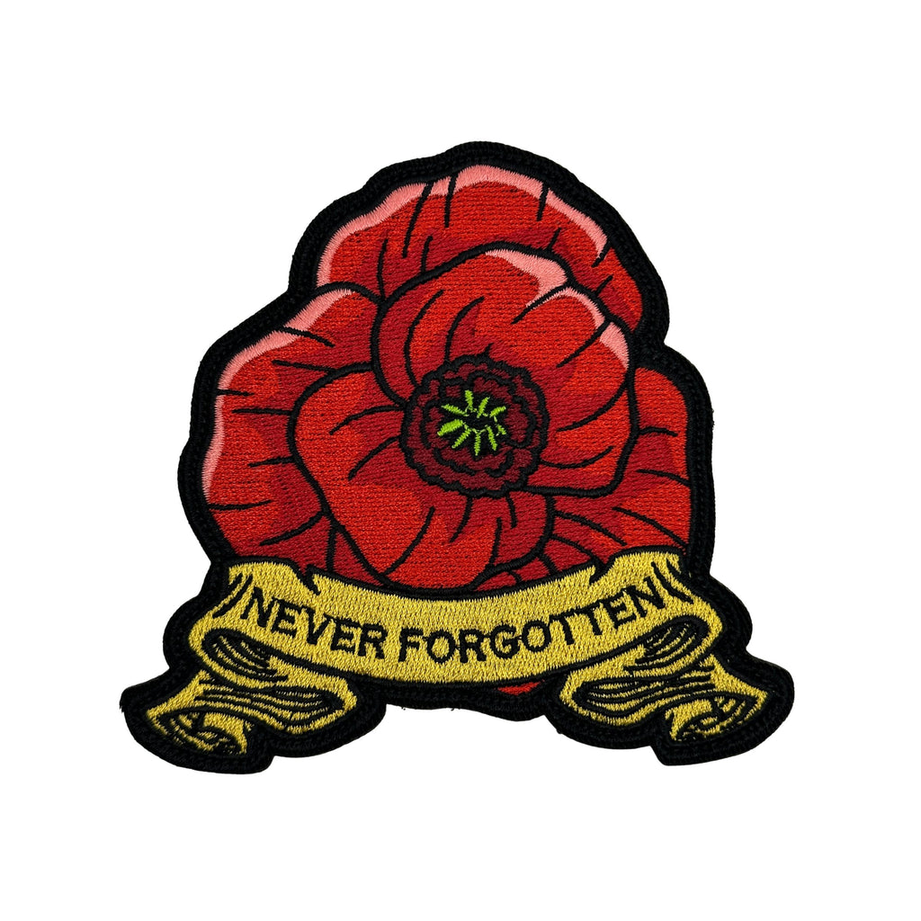 Never Forgotten Red Poppy Patch - Full Color, Highest stitch count embroidery, Memorial Patch,  Hook fastener backing, Size: 4.25" x 4.25"