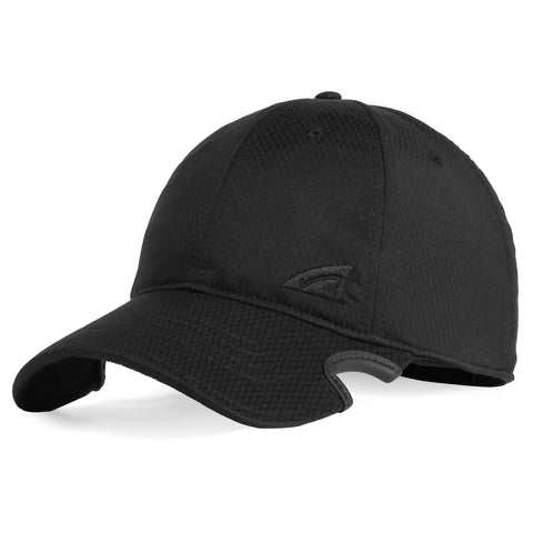 Notch Athlete black ponytail cap front angle view with embroidered logo and notch