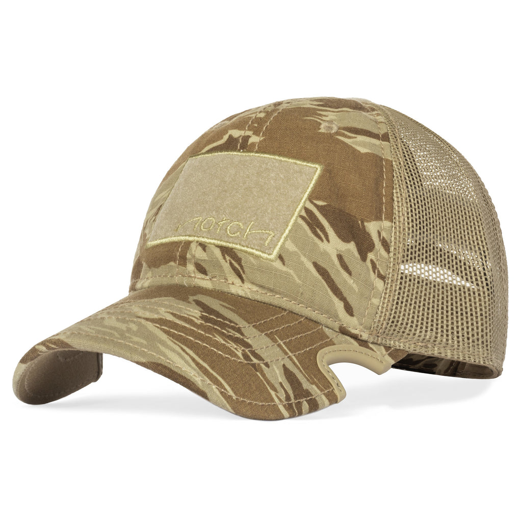 Notch Classic Adjustable Desert Tiger Stripe Operator Baseball Cap  with  2" x 3" front hook and loop field for patches.
Ear pro friendly, no button on top.
1" x 5" hook; loop rear name tape