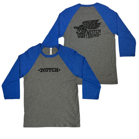 Notch El Muerto 3/4-Sleeve Baseball Tee - Heather Grey/Royal Color: Heather Grey/Royal, Fit: Unisex, Ultra soft & comfortable, Contrast raglan sleeves & neck trim, Triblend Colorblock: 50/25/25 poly/Airlume combed & ring spun cotton/rayonn, Pre-shrunk to minimize shrinkage