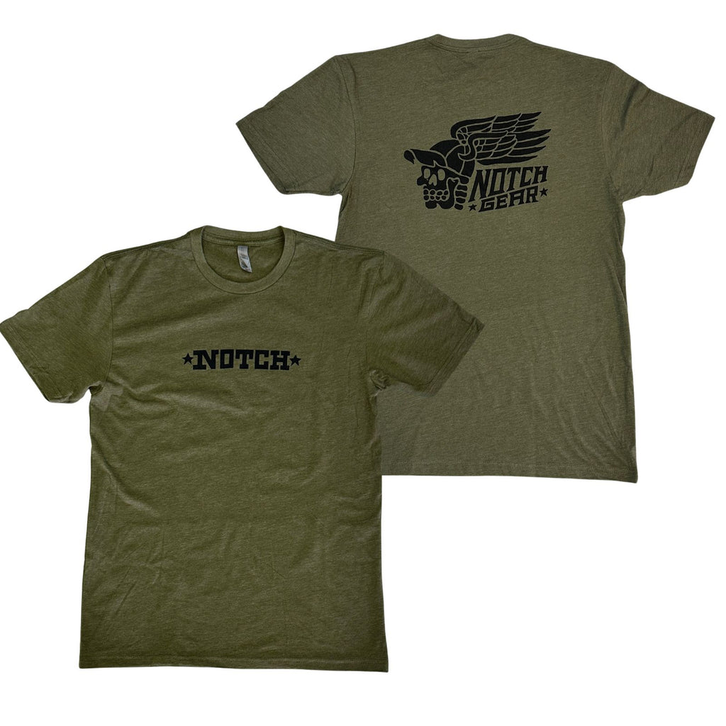 Notch El Muerto Tee - Military Green, Color: Military Green Fit: Unisex, Ultra soft & comfortable, 60/40 combed ring spun cotton/poly, 1x1 rib knit neck, Shoulder to shoulder taping, Pre-shrunk to minimize shrinkage (some shrinkage will occur), Machine Wash Cold, Tumble Dry Low.