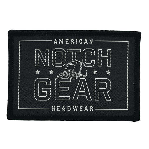 Notch Gear American Headwear Patch - Black-White
Custom woven patch
Hook fastener material sewn on the back
Size: 2" x 3"