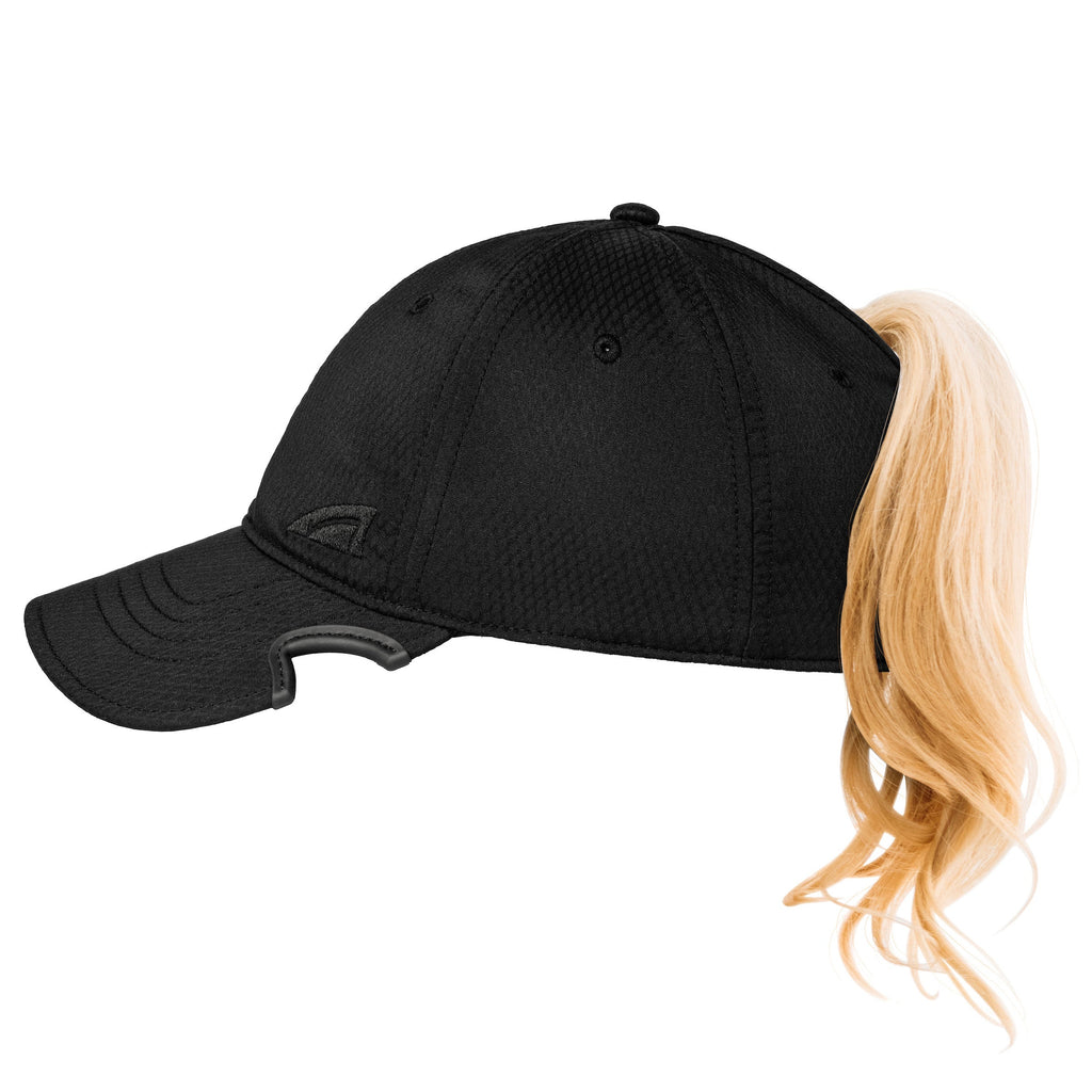 Notch Athlete black cap side view showing blonde ponytail through back opening