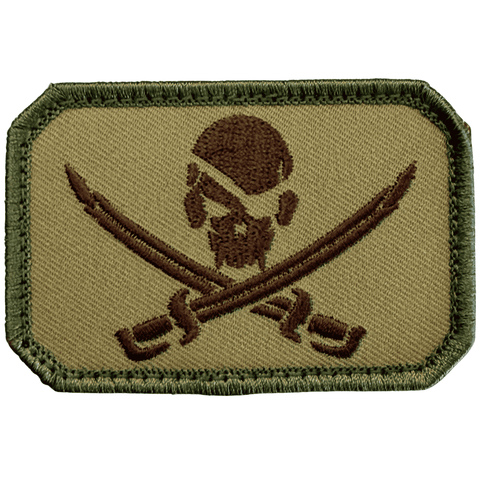 Pirate Skull Flag Embroidered Patch in brown on Multicam Green background 