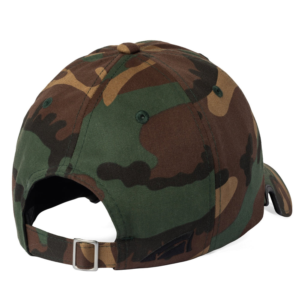 Back and wide view of Notch camo dad cap showing unstructured fit and adjustable strap
