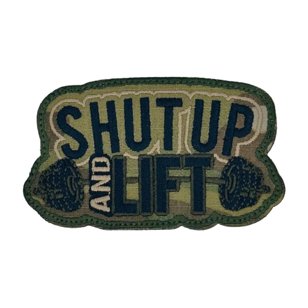  Shut Up and Lift Patch - MultiCam Camo, This SHUT UP AND LIFT PATCH is a statement piece that will make everyone in the gym know that you mean business. Hook fastener backing. Made in the USA. Great for caps, bags and jackets and tactical gear. 2" x 3.25" sized for our tactical/operator caps