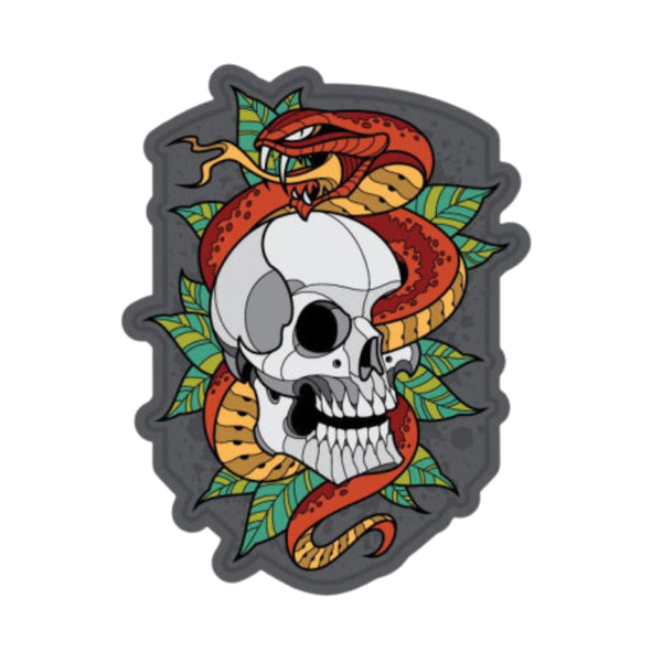 Skull Snake PVC Patch - Full Color, This cool PVC patch has a modern take on a classic tough guy theme tattoo style with hook fastener material sewn on the back, Size 3" x 4".