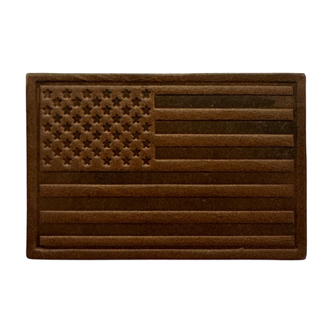 US Flag Patch - Cafe Brown Leather, Handmade with High-Quality Full-Grain Leather with Velcro® brand backing, this leather American Flag patch is 2" x 3" sized perfectly for our tactical/ operator caps. Made in the USA.
