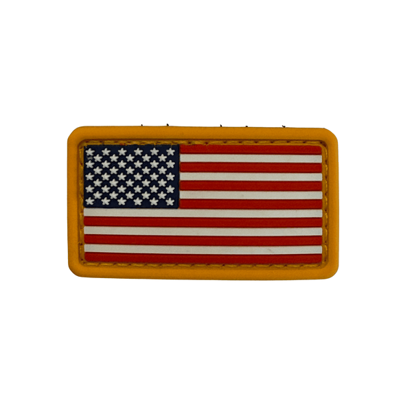 Mini PVC American flag patch with yellow border on a white background with hook and look backing
