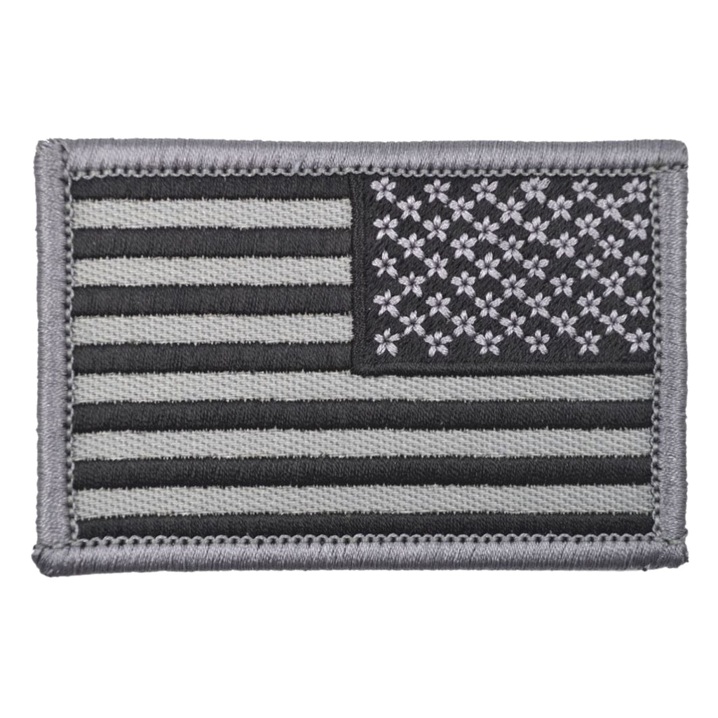  US Flag Reversed Patch - Grey/Black, Embroidered patch, Hook fastener backing, Made in the USA, 2" x 3" sized for our tactical/operator caps