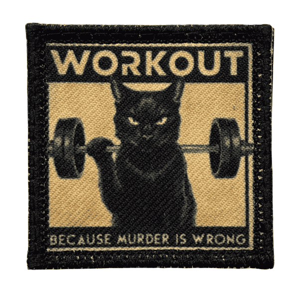 Patch with a black cat lifting weights and text 'Workout because murder is wrong' on a beige background.
