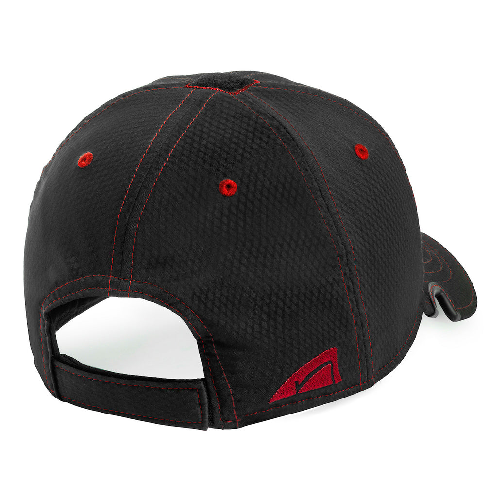 Back view of Notch Athlete Operator Black Red cap showing adjustable hook and loop strap