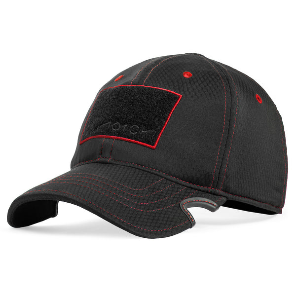 Notch Athlete Operator Black Red cap with bold red accents and 2x3 inch hook and loop patch panel