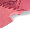 Close-up of patented Notch cut out to accommodate your eyewear and monochromatic pink embroidered Notch logo on Athlete Pink Ponytail cap