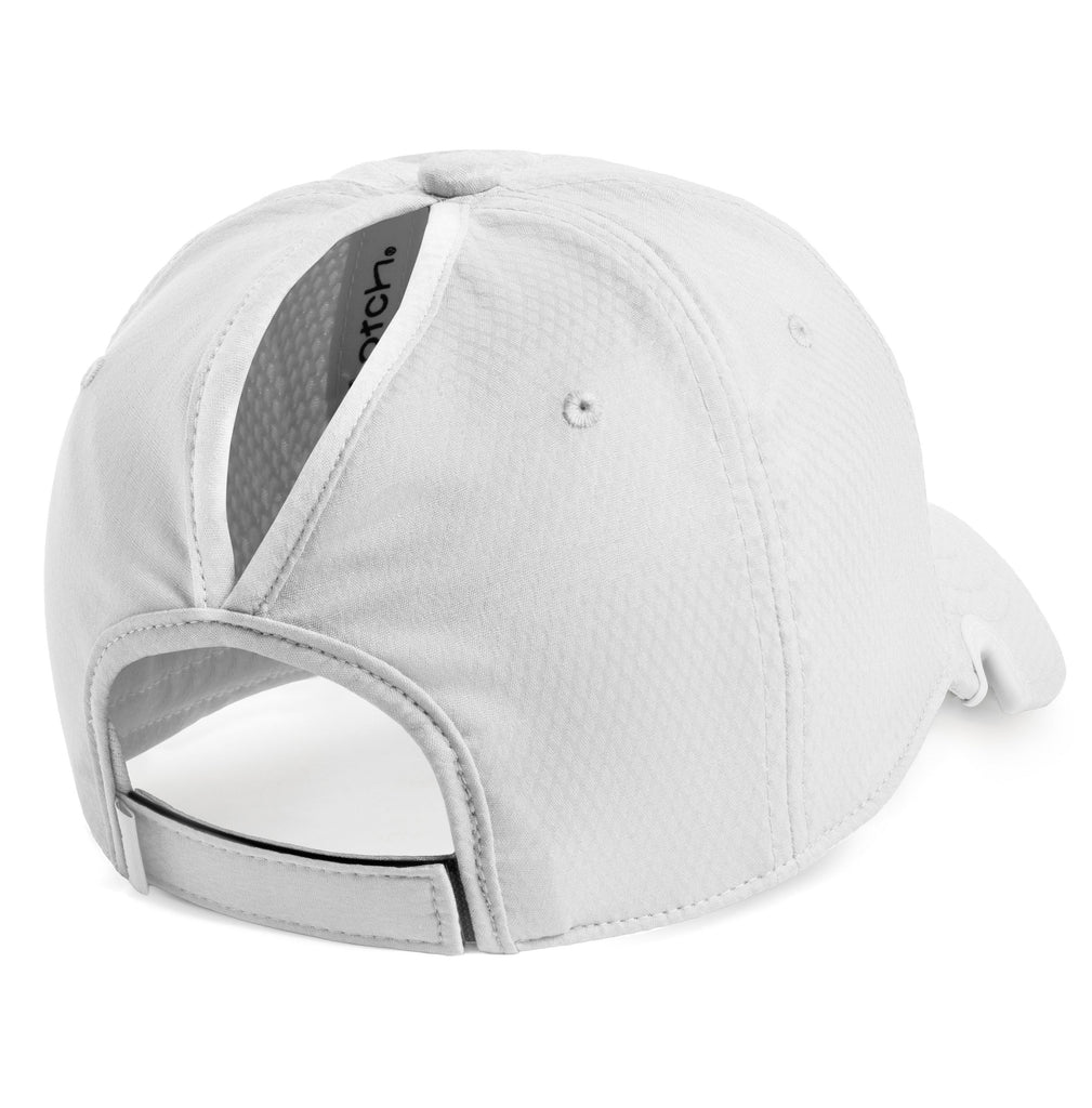 Back view of Notch Athlete White Ponytail cap showing ponytail slot and adjustable hook and loop strap
