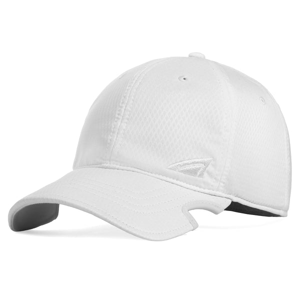 Notch Athlete White Ponytail cap with clean white performance fabric and monochromatic embroidered logo