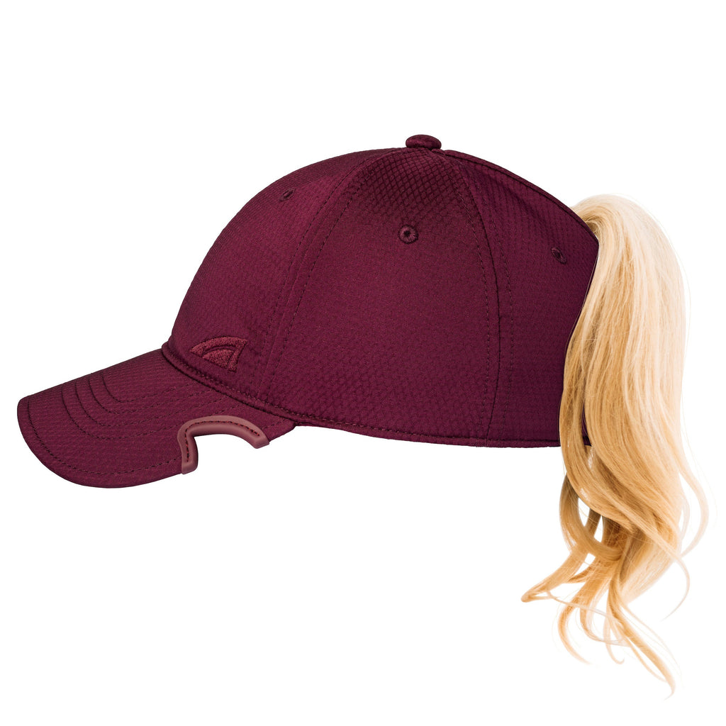 Notch Athlete burgundy cap side view showing blonde ponytail through back opening