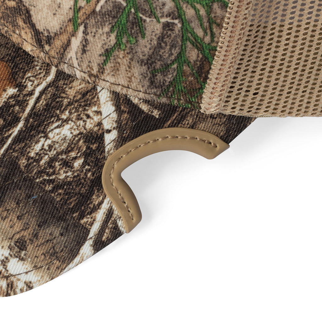 Close-up detail of patented notch on Realtree Edge camo trucker cap brim