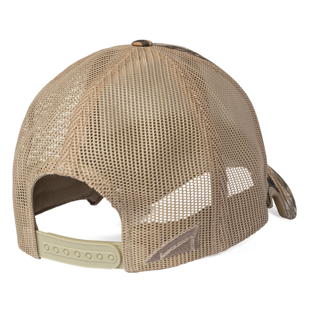Back view of Notch Realtree trucker cap showing breathable mesh panels and snapback closure