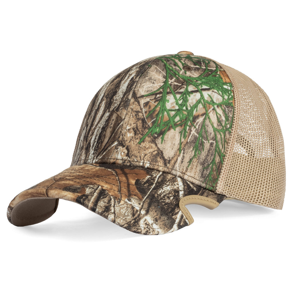 Notch Classic Adjustable Realtree Edge trucker cap with camo front and tan mesh back