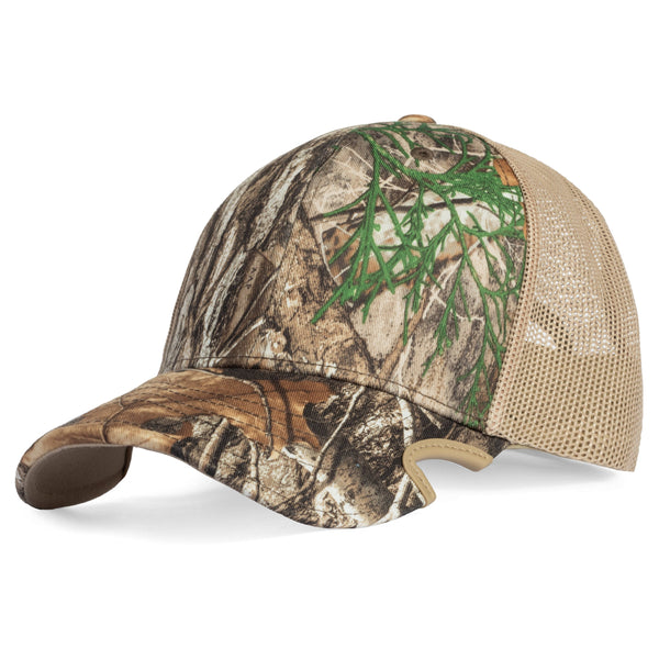 Notch Classic Adjustable Realtree Edge trucker cap with camo front and tan mesh back