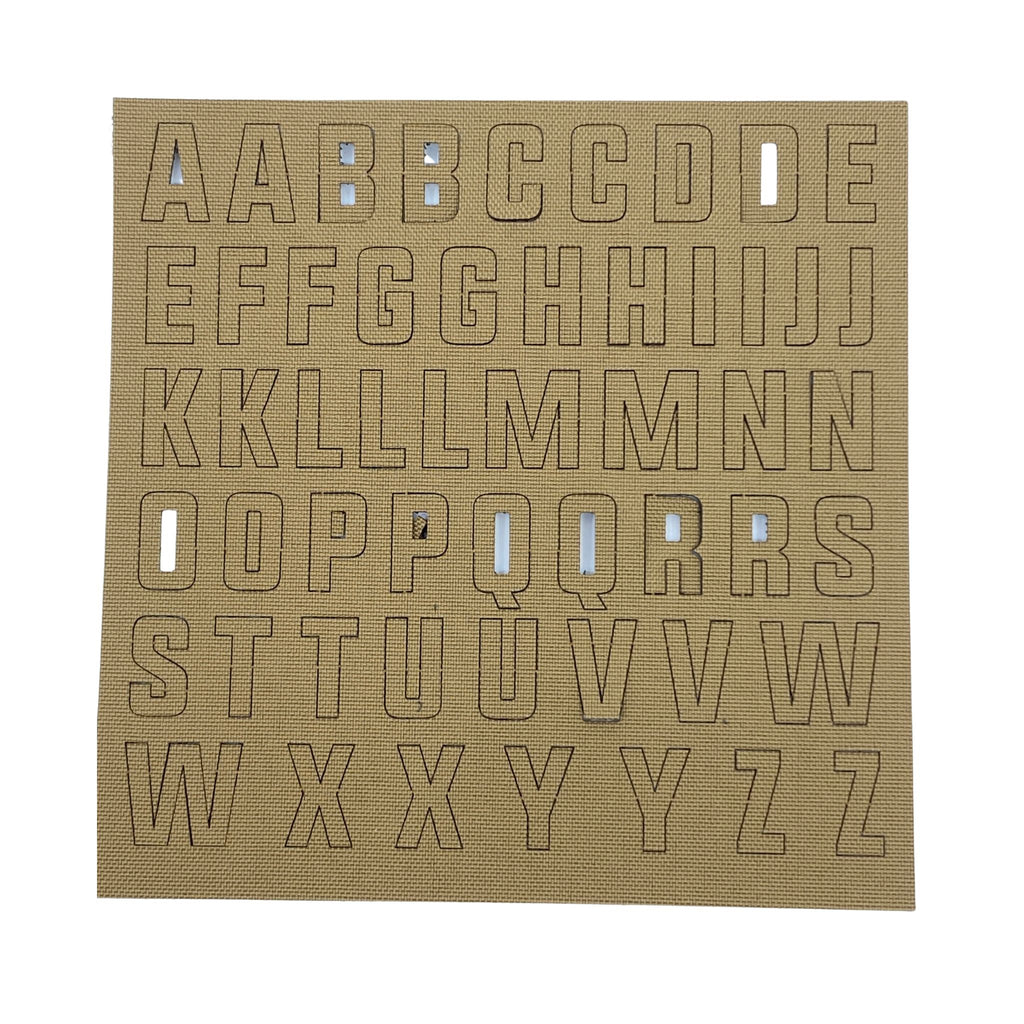 Alphabet Letters Patch Pack - Cordura-Coyote Brown  Laser Cut Individual Alphabet Letter Patches,  Backed with hook fastener,  Contains 2 of each letter, Made on CORDURA® fabric , sise .75 inches tall