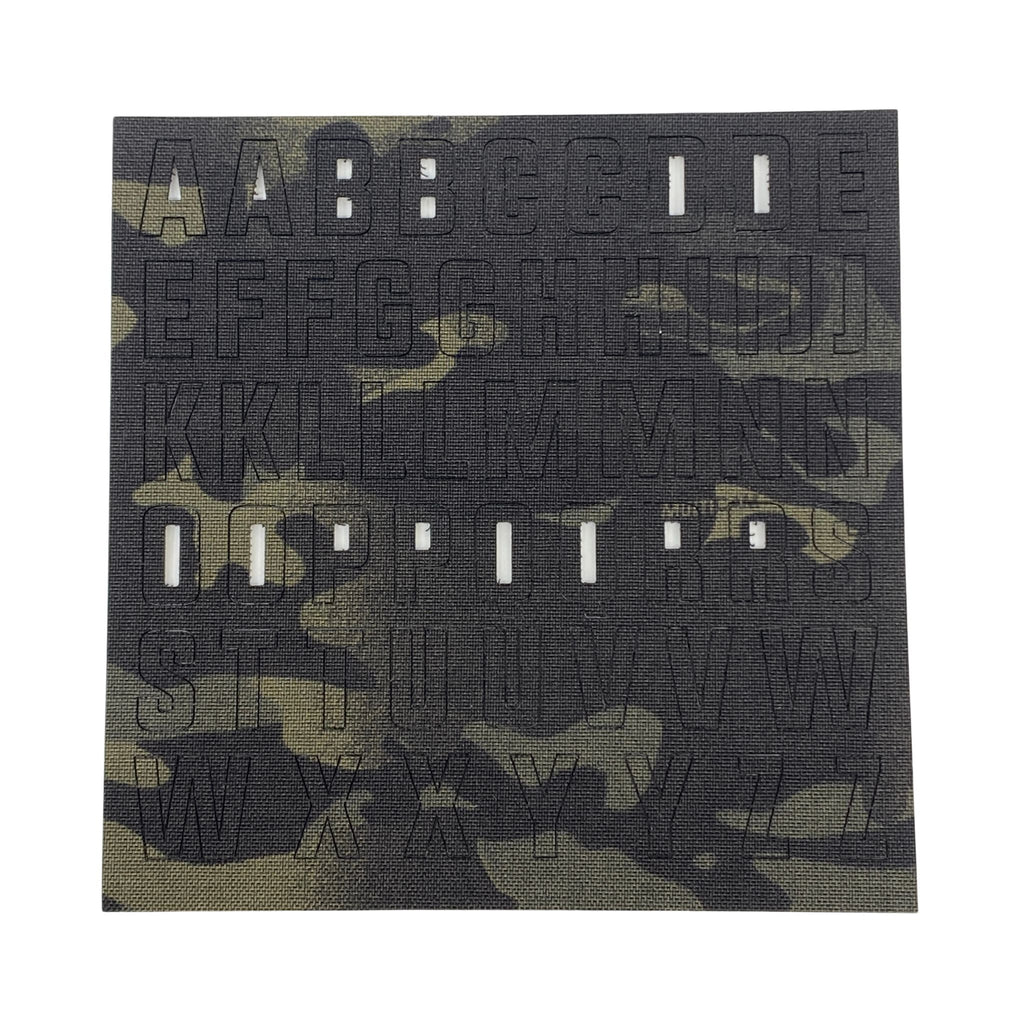 Alphabet Letters Patch Pack - Cordura® Color: MultiCam Black  Laser Cut Individual Alphabet Letter Patches, Backed with hook fastener, Contains 2 of each letter, Made on CORDURA® fabric, Size   .75 inches tall