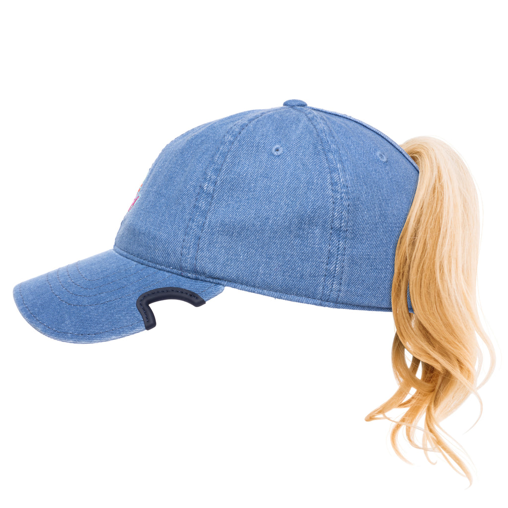 Notch Classic Adjustable Sunset Denim Ponytail Hat with slot for ponytail or bun notches on visor for sunglasses 
