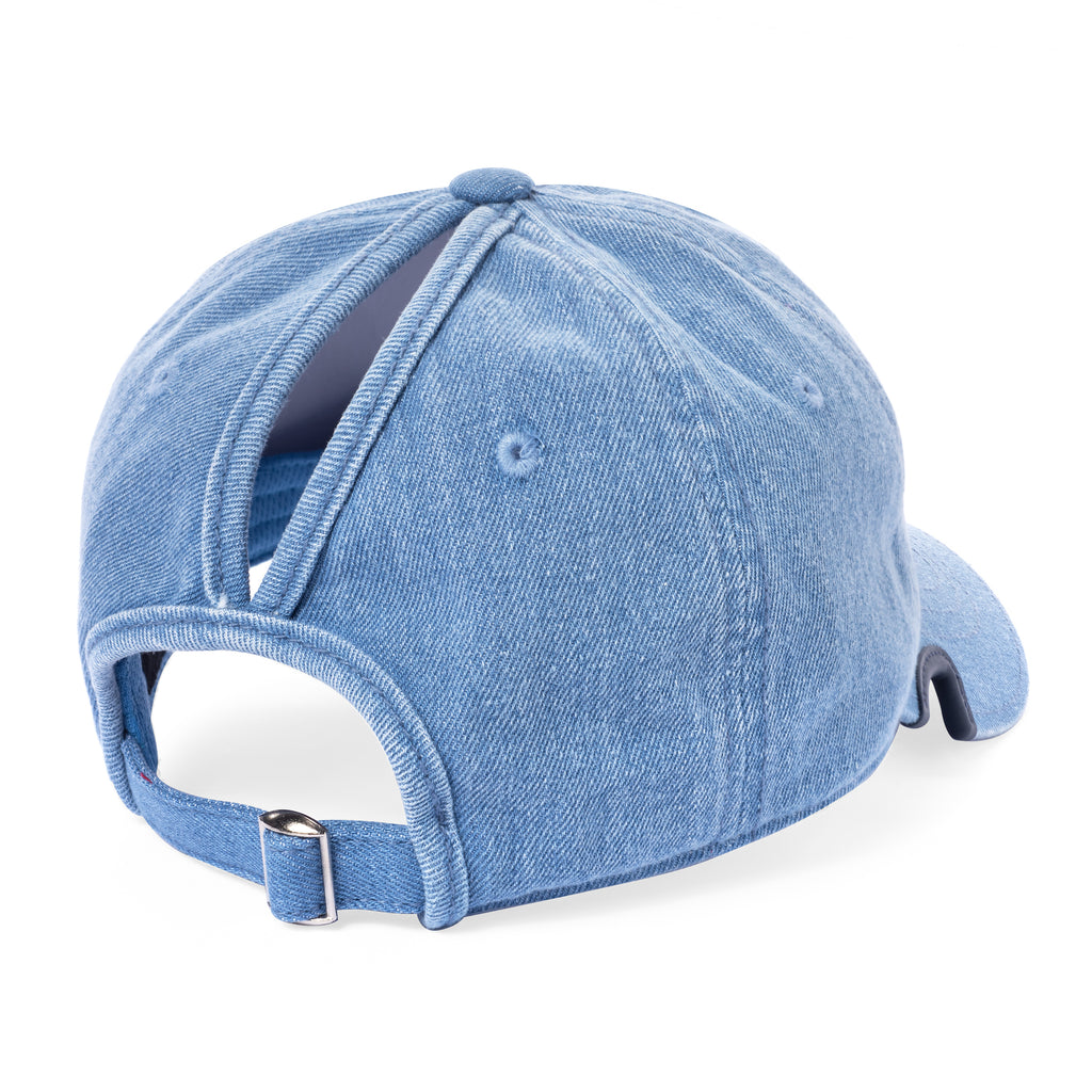 Notch Classic Adjustable Sunset Denim Ponytail baseball Hat with slot for ponytail or bun notches on visor for sunglasses