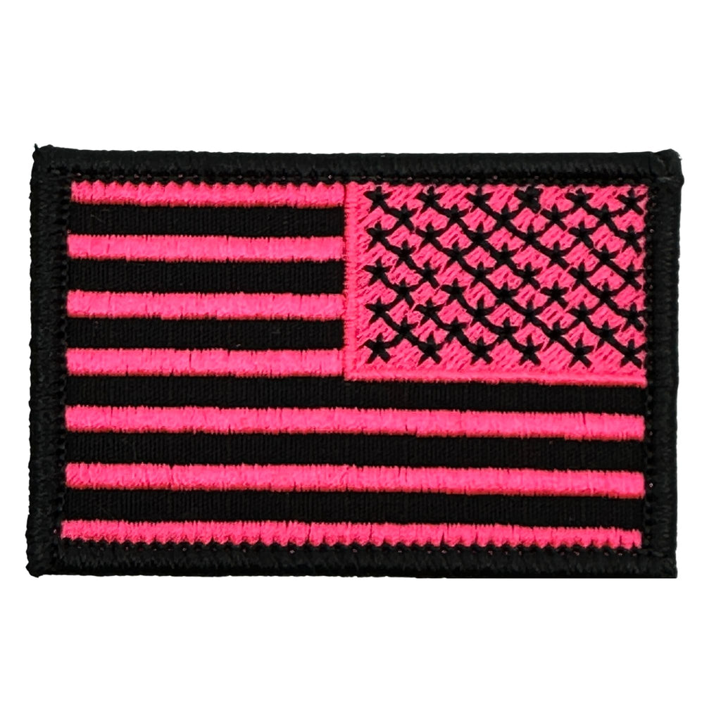 US Flag Patch Reversed- Black-Hot Pink, Embroidered patch with Hook fastener backing, Made in the USA, 2" x 3" sized for our tactical/operator caps