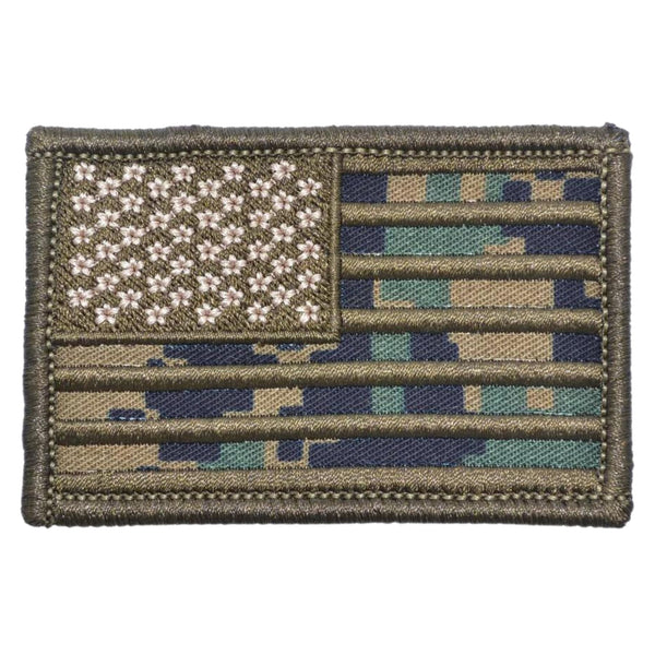 US Flag Patch - MARPAT Woodland  Embroidered patch  Hook fastener backing  Made in the USA  2" x 3" sized for our tactical/operator caps