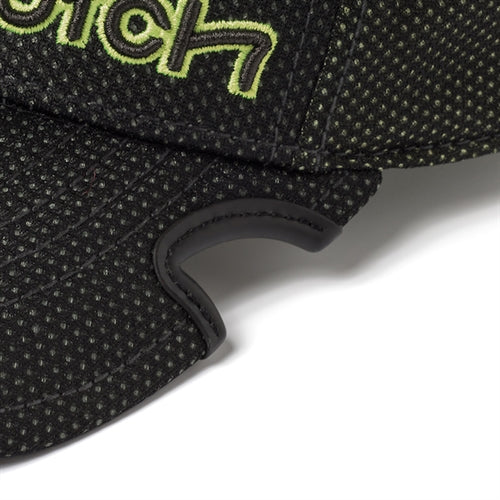 Close-up of Notch Classic Adjustable Neon tactical cap in black with neon green Notch logo